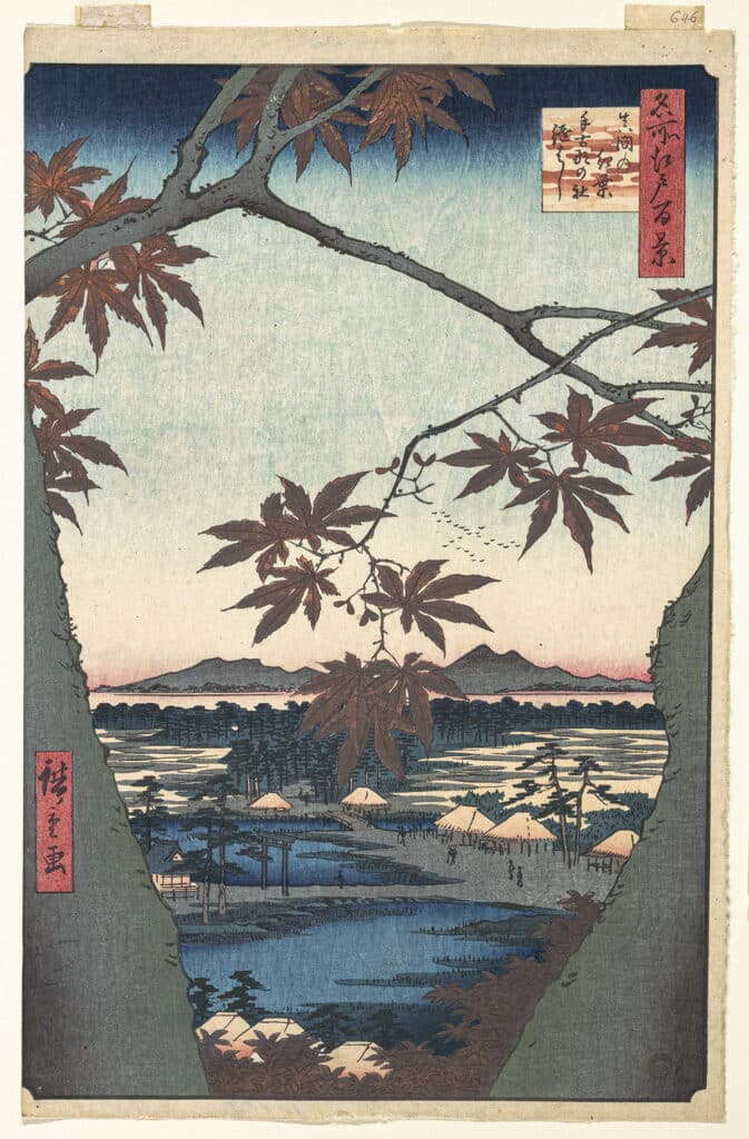 Utagawa Hiroshige. Las hojas de arce de Mama, el santuario de Tekona y el puente Tsugi (circa 1857).