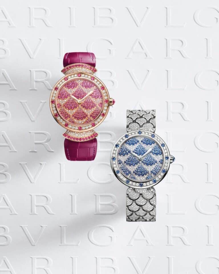 Los nuevos modelos de la colección Divas’ Dream Mosaica de Bulgari. De izda. a dcha., versión en oro rosa viene con una correa de piel de aligátor, y la versión con zafiros azules, que incluye una pulsera de eslabones en forma de abanico.
