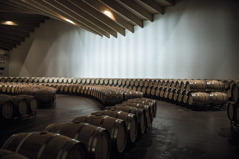 Sala de barricas de la bodega, concebida para la elaboración exclusiva de vinos reserva.