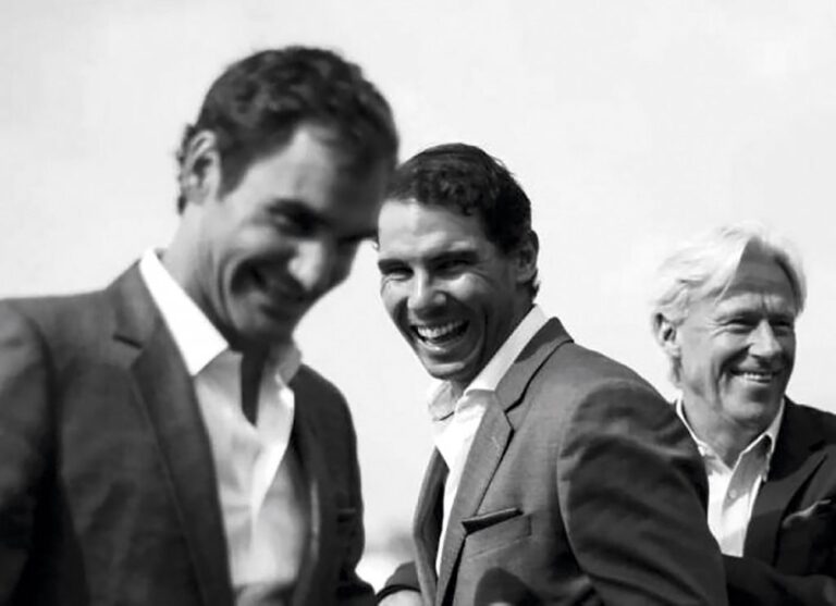 Federer y Nadal, en primer plano, protagonistas de una rivalidad que aún continúa. Detrás, Bjorn Borg, uno de los más grandes, a quien siempre admiró el español.