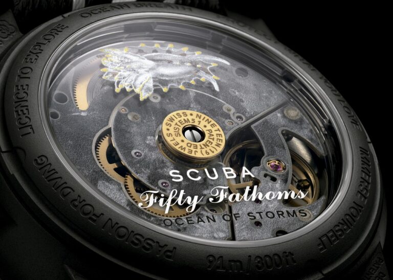 Aspecto del elegante movimiento del nuevo Ocean of Storms, de Swatch x Blancpain.