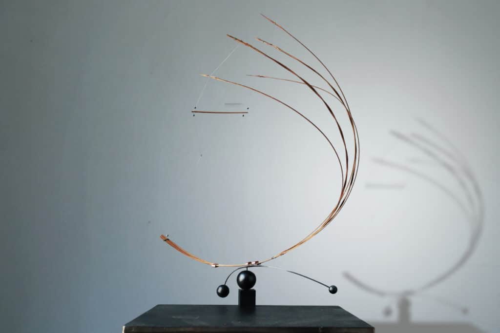 Laurent Lo Ryoko, 2022 Taiwan smoked bamboo, fishing thread, steel balls 53 x 46 x 20 cm.