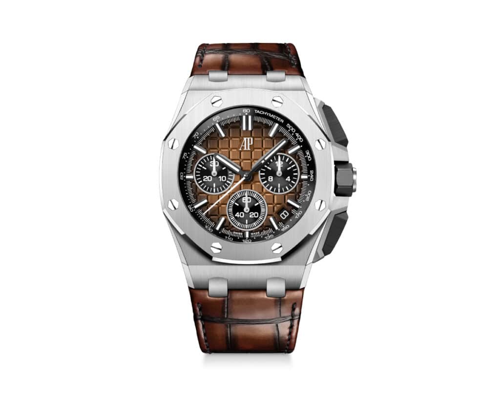 Reloj de la colección Royal Oak Offshore de Audemars Piguet con esfera “Méga Tapisserie” color bronce ahumado.