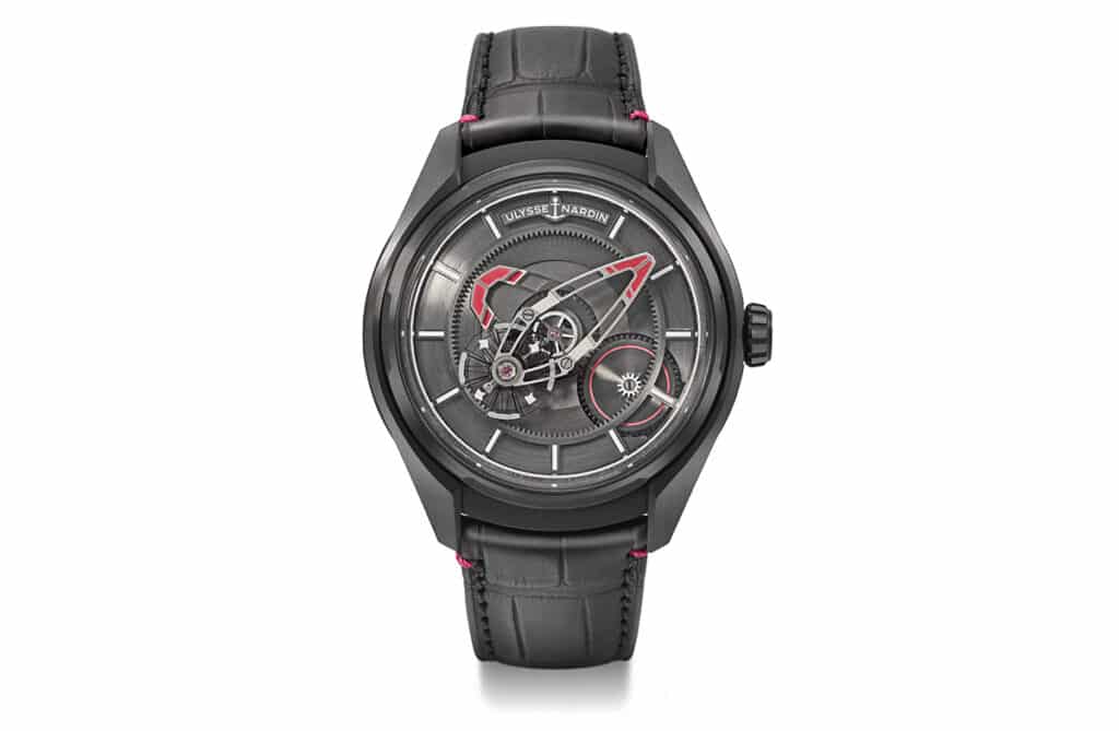 Ulysse Nardin | Freak X ELA – Edición especial ELA Ulysse Nardin presenta un Freak X en una caja de titanio recubierta de DLC negro, inspirado en el color rosa característico de ELA utilizado para la minutería, las manecillas con superluminova rosa y una línea rosa en la rueda horaria. La influencia del Freak en la relojería contemporánea fue fundamental: Ulysse Nardin presentó un reloj sin esfera en 2001, sin manecillas y sin corona, siendo un reloj mecánico que utilizó silicio por primera vez. Estimación: 20,000-40,000 CHF.