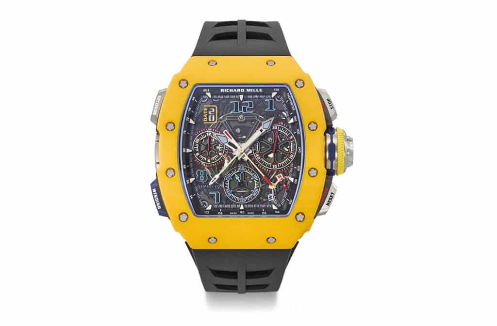 Richard Mille | RM65-01 Automatic Split-Seconds Chronograph Dark Yellow Quartz TPT® La culminación de cinco años de meticuloso desarrollo, representa el reloj automático más intrincado jamás producido por Richard Mille. Ejemplifica la maestría técnica de la marca, combinando sin esfuerzo múltiples funciones avanzadas, una arquitectura única y una estética refinada. Limitado a solo 120 piezas en un llamativo Quartz TPT® de color amarillo oscuro, este es el primer ejemplar que se presenta en subasta. Estimación: 350,000-450,000 CHF.