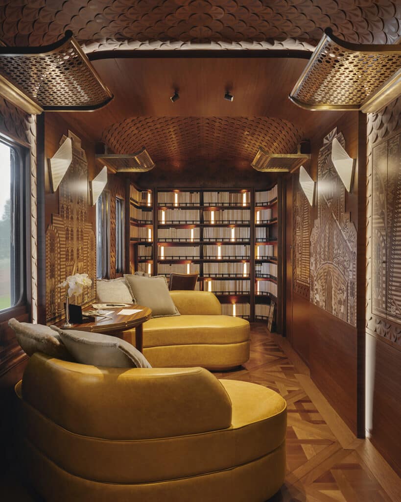 Biblioteca de L’Observatoire, un vagón-suite del Venice Simplon-Orient-Express decorado por Jean René.