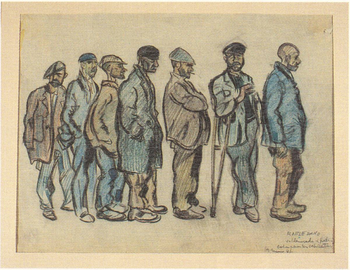 El Museo ABC recupera la figura del dibujante José Robledano con una exposición inédita 1 Cárcel de Valdenoceda (patio), cola para las cebolletas (1941). José Robledano. Fundación Pablo Iglesias, Madrid.