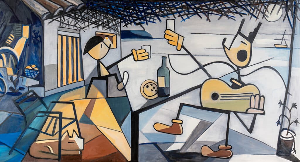 Arte y amistad en copa: cincuenta años de creatividad servidos en el Dry Martini 4 'Brindando con la luna llena', de Mariscal, para la exposición 'Mariscal en Dry Martini'.