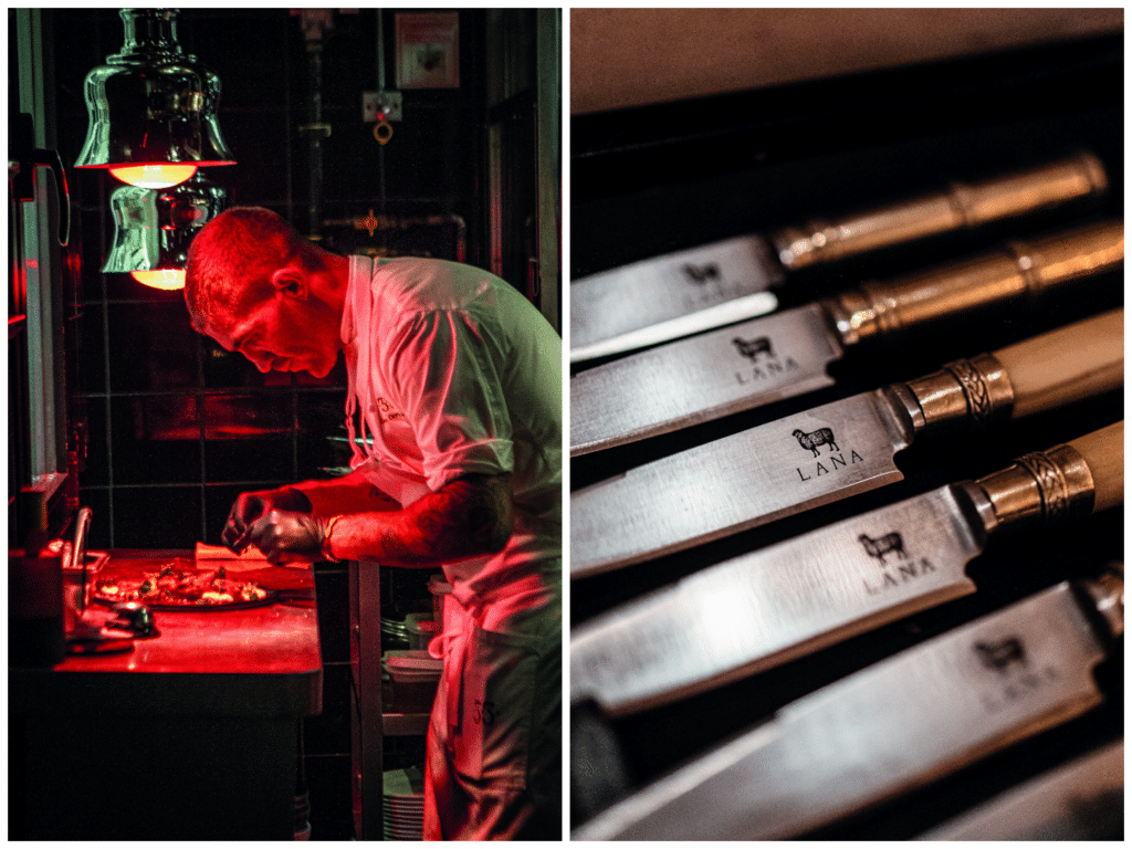 La nueva generación de parrillas rioplatenses conquista España 3 Oswaldo González, chef de Los 33, trabajando en la cocina del restaurante. A su lado, cuchillos parrilleros de fabricación artesanal, uno de los detalles en el servicio del restaurante Lana.