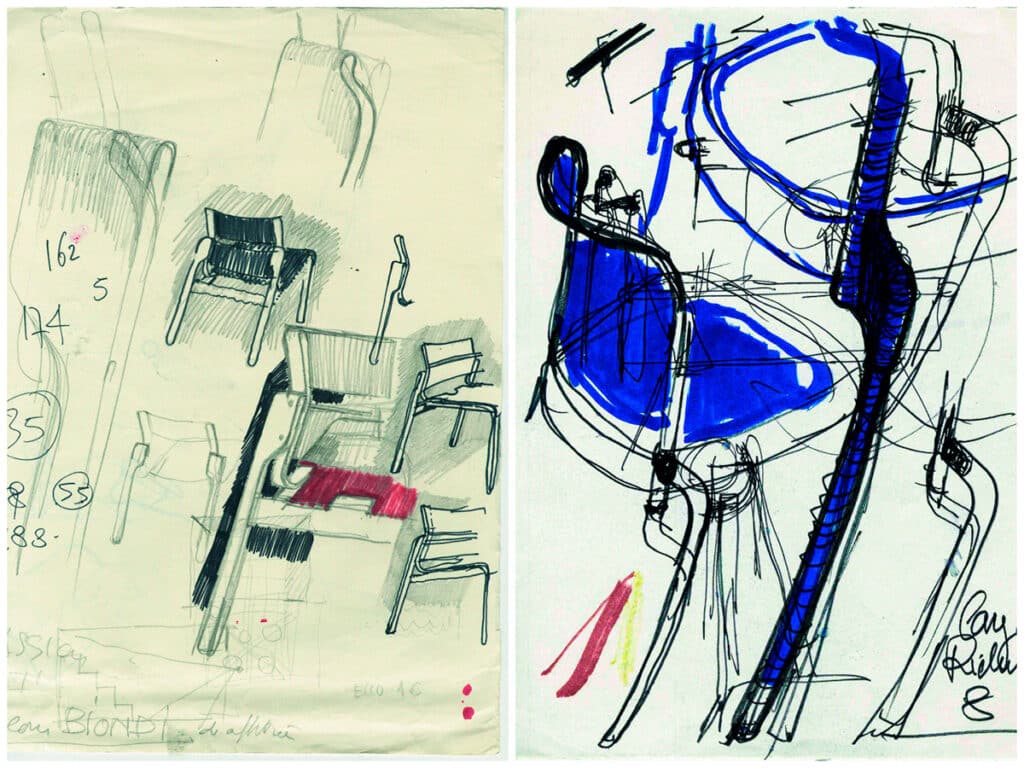 Bocetos de las sillas Savana, producida por Asko (1976); Silver, para De Padova (1989).
