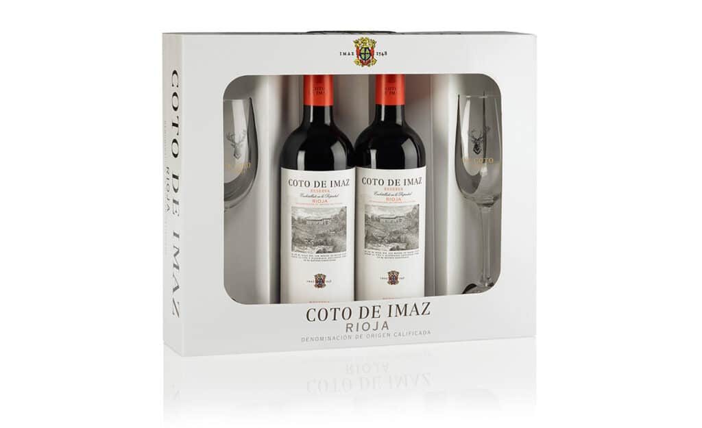 Coto de Imaz Reserva, estuche de cartón con 2 botellas y 2 copas
