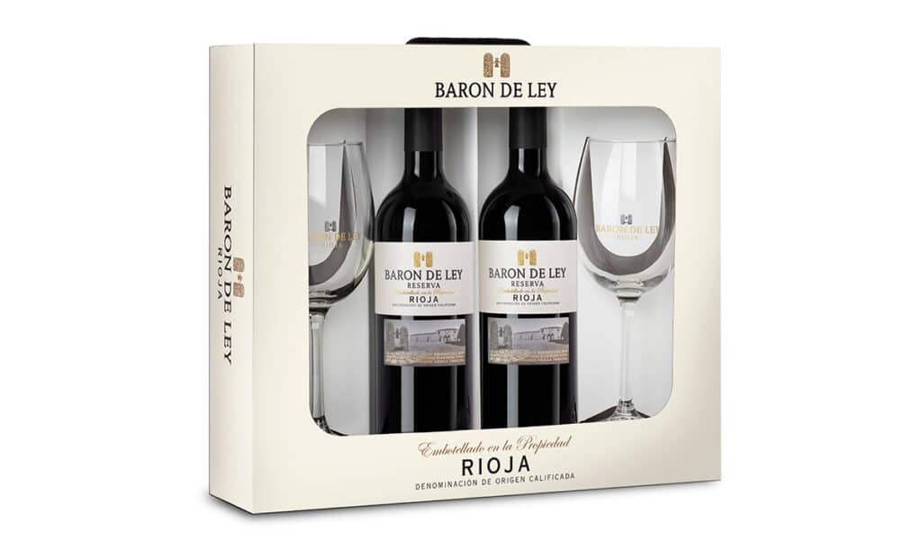Barón de Ley Reserva, estuche de cartón con 2 botellas y 2 copas.