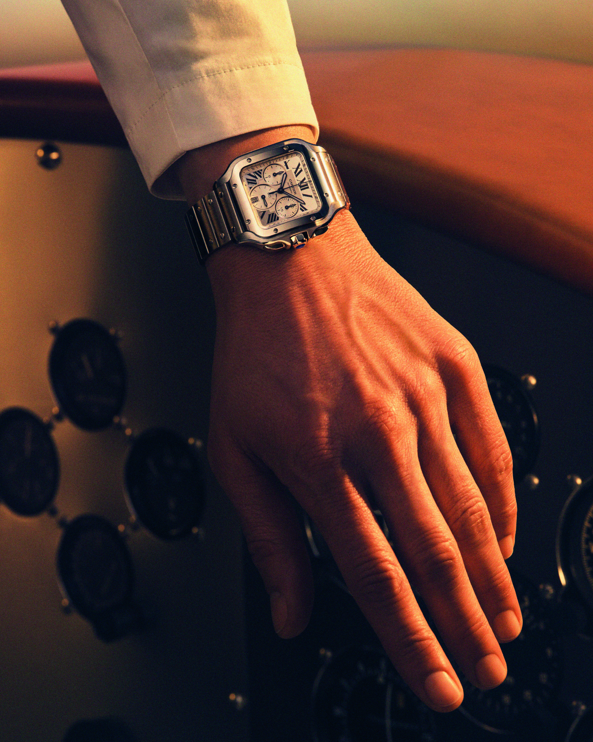 Cartier, vuelo cronometrado 4 PUWA12076 Santos de Cartier CHRONOGRAPH Steel WORN Press 24x30 scaled